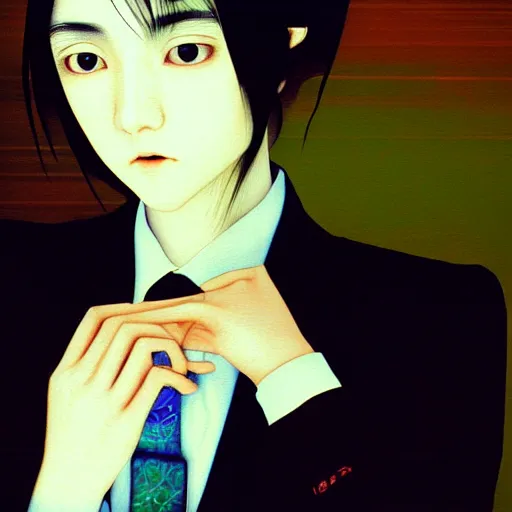 Image similar to yoshitaka amano blurred and dreamy realistic three quarter angle portrait of a young woman with short hair and black eyes wearing office suit with tie, junji ito abstract patterns in the background, satoshi kon anime, noisy film grain effect, highly detailed, renaissance oil painting, weird portrait angle, blurred lost edges