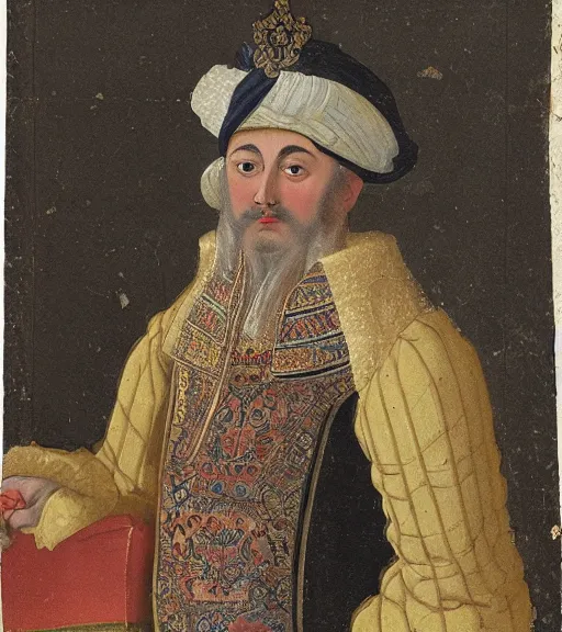 Image similar to 1 8 th century ottoman portrait of a filthy sultan with a turban, living in a giant palace, highly detailed