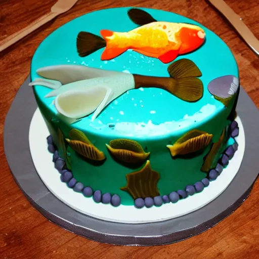 Image similar to fish themed birthday cake, food photography, michelin star,