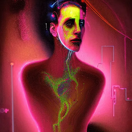 Image similar to a digital painting of a technomancer woman attached by love in a living room of a house. surrounded by synthesized ai djinn hologram, an ultrafine detailed painting by alberto seveso, a silk screen by julian schnabel, featured on deviantart, modern european ink painting, photoillustration, impressionism, biomorphic, behance hd, lovecraftian