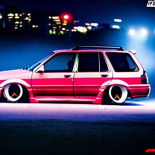 Image similar to 1990s subaru forester drift at illegal car meet, Chiba prefecture, city midnight mist lights, cinematic lighting, photorealistic, highly detailed wheels