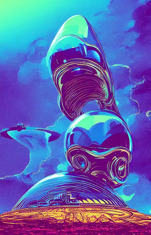 Prompt: a massive inttincate alien chrome spaceship emerging from an active volcano, holographic, synthwave color palette, risographic, digital art, 4 k, vintage sci - fi, inspired by moebius, inspired by thumb white