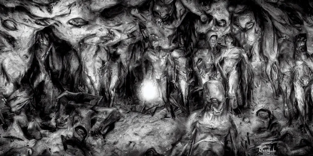 Prompt: dark cave full of skinny monster men, photorealistic, horror movie, evil, wide angle