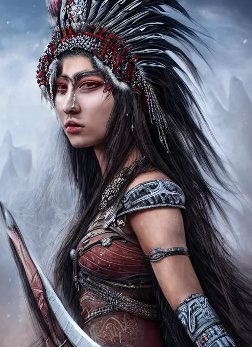 Image similar to hyper detailed image of an Redskin warrior princess wearing a headdress, intricate, elegant, long black hair, hd, 8k, muted colors,