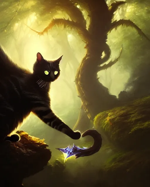 Image similar to oil painting of Cat Witch casting dark spell, sharp focus, heroic pose, fantasy style, octane render, volumetric lighting, 8k high definition, by greg rutkowski, highly detailed, trending on art Station, magic the gathering artwork, Woodland background, centered