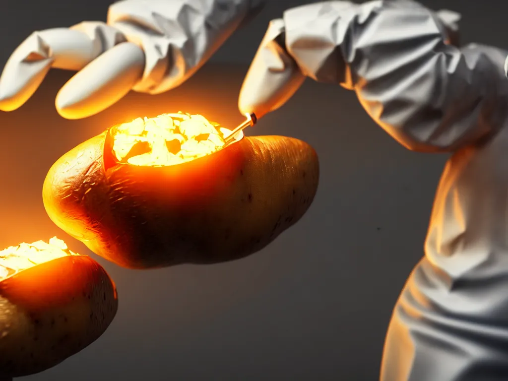 Image similar to surgeon operating on a baked potato, science fiction industrial hard science concept art, 8K render octane high definition cgsociety, photorealistic, unreal engine