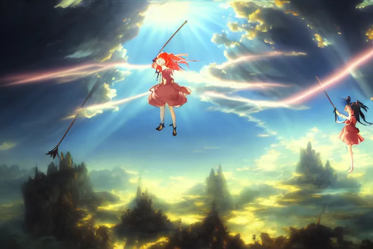 Image similar to baroque oil painting of anime key visual concept art of touhou anime witches flying on broomsticks through the sky, volumetric lighting, sunrays breaking through clouds, grimdark steampunk high fantasy, trending on artstation, brush strokes, oil on canvas, style of makoto shinkai and greg rutkowski and studio ghibli