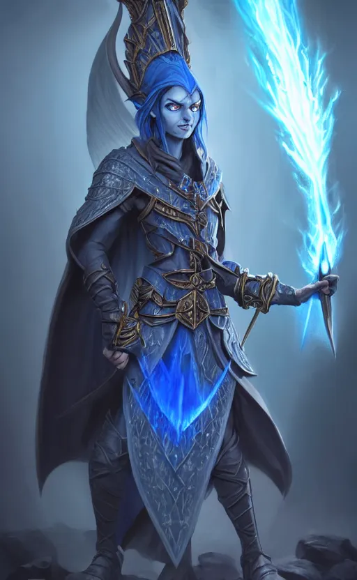 Image similar to legendary dark elf wizard with blue flame staff, highly detailed, d & d, fantasy, highly detailed, digital painting, trending on artstation, concept art, sharp focus, illustration, global illumination, ray tracing, realistic shaded, art by artgerm and greg rutkowski and fuji choko and viktoria gavrilenko and hoang lap