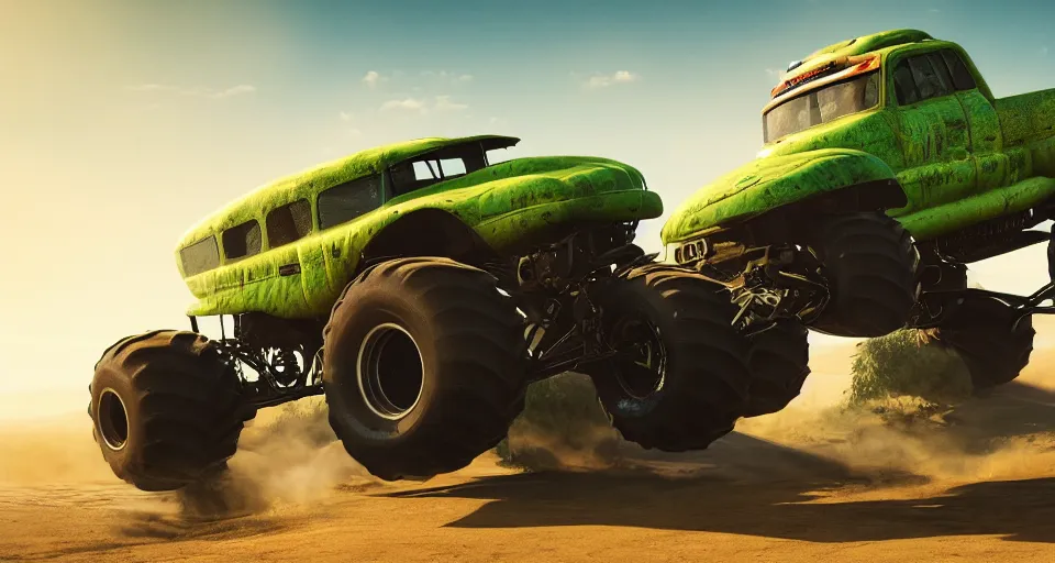 Prompt: Monster Truck that looks like a pickle, PC Wallpaper, stunning photo, cinematic lighting, perfect composition, 8K, ultra-detailed , Trending on artstation, Octane render, Unreal Engine, highly detailed,