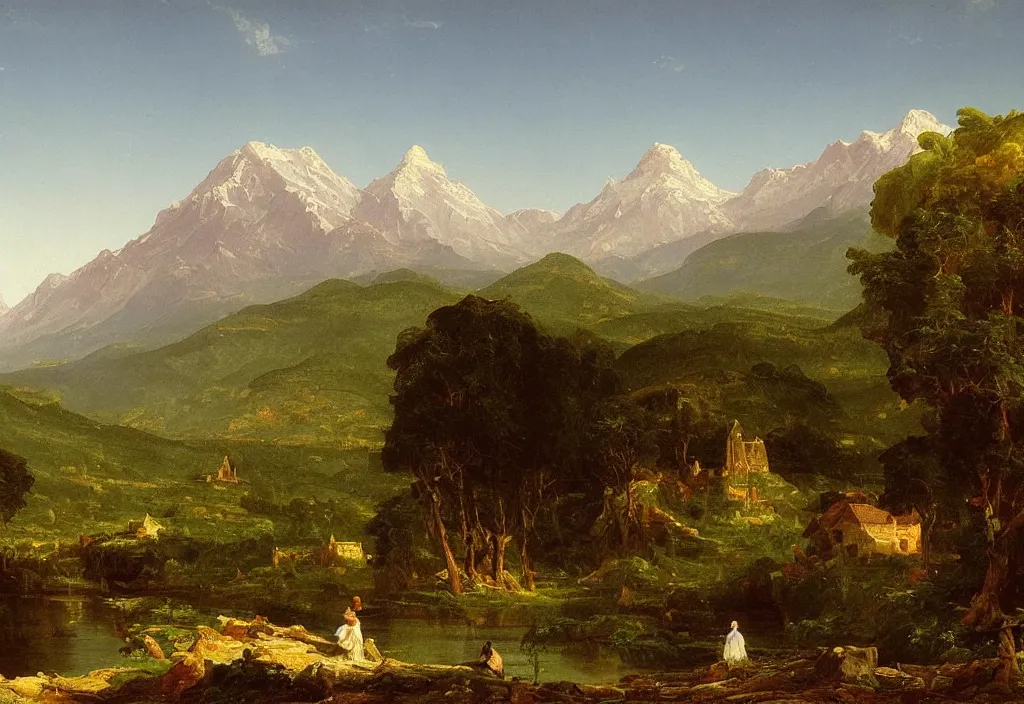 Image similar to painting of a rural town with mountains in the background, thomas cole