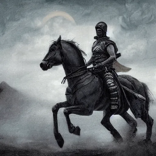 Prompt: Digital art of a tired spartan soldier riding horse on the battlefield in the style of an oil painting, acrylic, bleak, moonlight, detailed, dark, ominous, threatening, haunting, forbidding, gloomy,stormy, doom, apocalyptic,sinister, shadowy, ghostly,unnerving, harrowing, dreadful ,frightful, shocking, terror, hideous, ghastly, terrifying