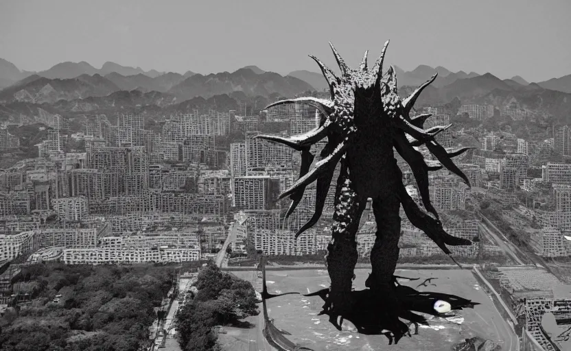 Image similar to found drone footage of a giant Kaiju monster with starfish-like arms, trampling over Pyongyang, long cast shadows, rimlight, film grain, monochrome