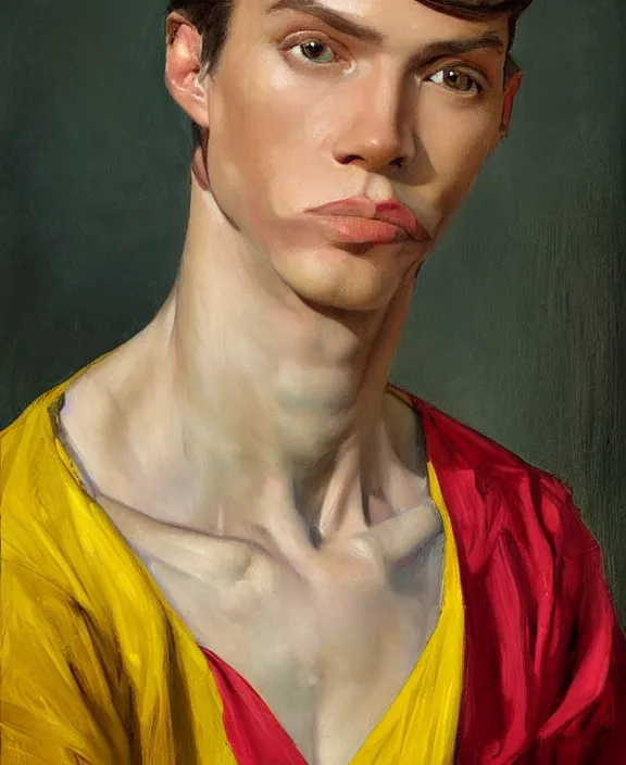 Prompt: very detailed masterpiece androgynous man portrait painting of Stable Diffusion!!, 4k resolution, J.C. leyendecker!! Valentina Remenar!! Digital art, paint tool sai!! Blue, red, yellow, melting colors!! Perfect face!! Correct body proportions!! Semi realism!! COHERENT HANDS!! COHERENCY!! Instagram art!! Glimmering radiant!! Shimmering eyes!!