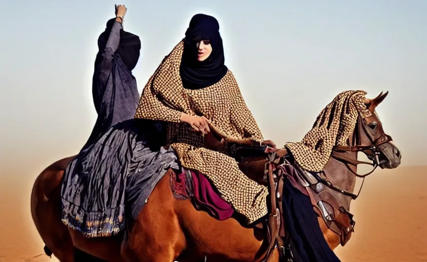 Image similar to beautiful burqa's woman, riding a horse!!! in saharan, sharp eyes, handling riffle on chest, shooting pose, perfect posture, dust, cinematic, dynamic pose, pinterest, center of interest