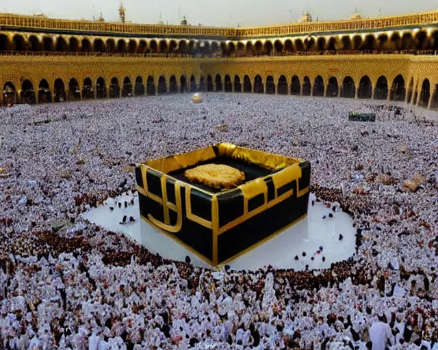 Prompt: 10,100 adoring lovers surrounding the kaaba inspired burger in mecca