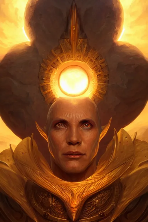 Image similar to humanoid god of the sun, highly detailed, d & d, fantasy, hyper detailed, digital painting, trending on artstation, apollo, concept art, sharp focus, illustration, art by artgerm and magali villeneuve and greg rutkowski and michael whelan, cryengine, 8 k realistic atmospheric lighting, frostbite 3 engine