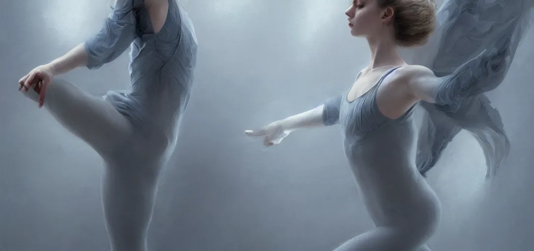 Prompt: ballet dancer, soft grey and blue natural light, intricate, digital painting, artstation, concept art, smooth, sharp focus, illustration, art by greg rutkowski and luis rollo and uang guangjian and gil elvgren, symmetry!