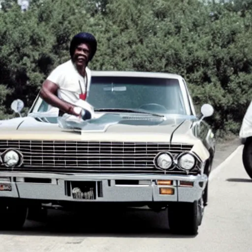 Prompt: james brown driving a 1 9 6 7 chevy impala