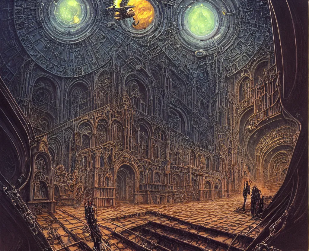 Image similar to fish eye view of detailed portrait, intricate complexity, huge gothic crematorium on desert planet, elevator, side ramp entrance vehicle, dead bodies, guards intricate, painting by lucian freud and mark brooks, bruce pennington, dark colors, neon, death, guards, nice style smoke