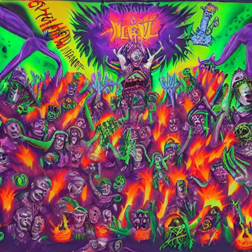 Image similar to mural of demons in rave party in hell by Chor Boogie