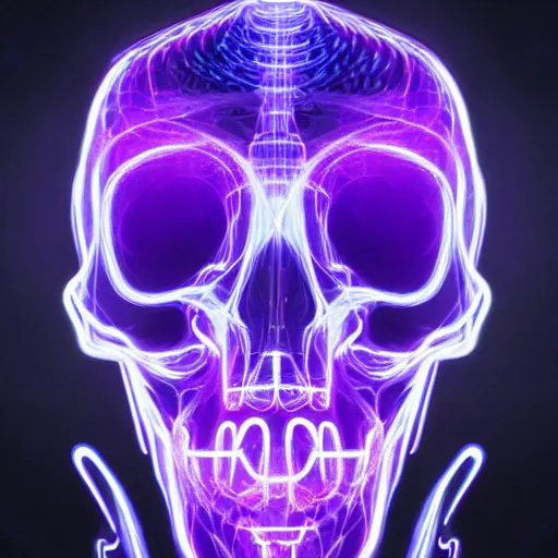 Prompt: cybernetic human scull with with horns , blue neon light and smoke and purple lighting