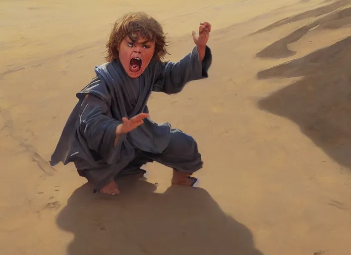 Image similar to a highly detailed beautiful portrait of anakin skywalker screaming and crying at sand, by gregory manchess, james gurney, james jean