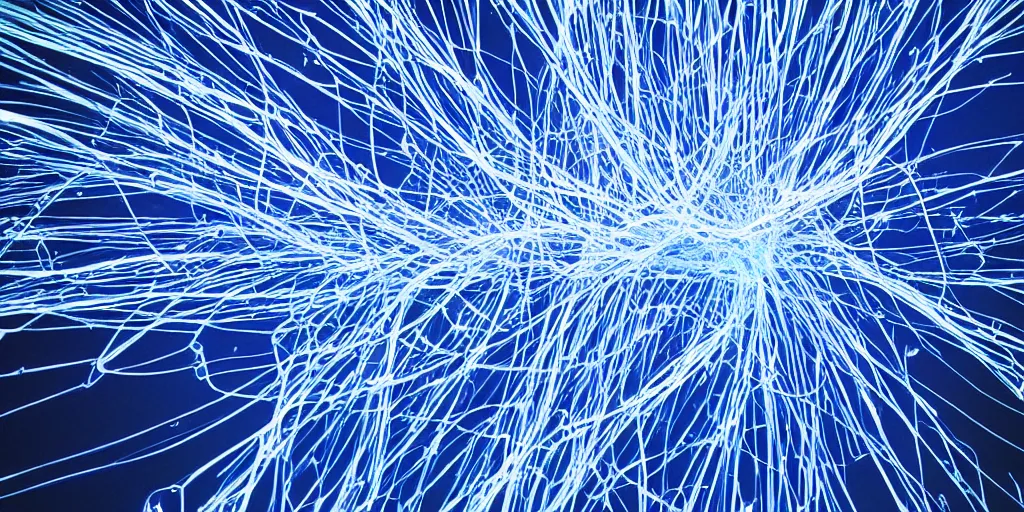 Prompt: “a deep blue network of neurons and fiber optics connected to create a subtle light show”