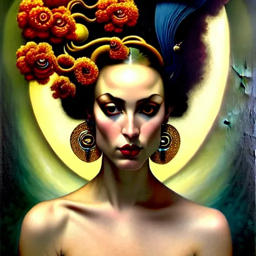 Image similar to dynamic composition, a painting of a woman with hair of flowers and raven plummage wearing ornate earrings, a surrealist painting by tom bagshaw and jacek yerga and tamara de lempicka and jesse king, featured on cgsociety, pop surrealism, surrealist, dramatic lighting, wiccan, pre - raphaelite, ornate gilded details