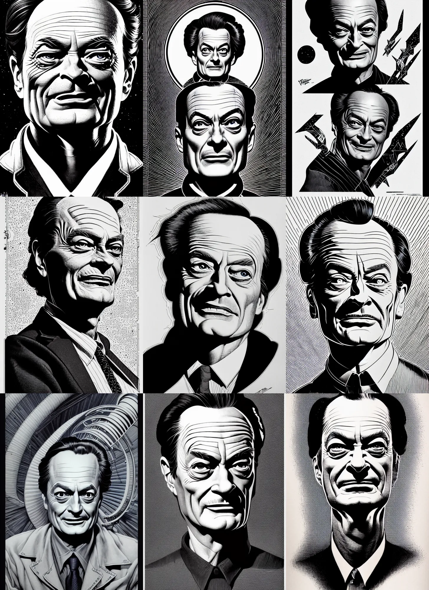 Prompt: richard feynman, extremely detailed, bold line art, by vincent di fate and joe fenton and artgerm, inking, etching, screen print, masterpiece, trending on artstation, sharp, high contrast, hyper realistic, hd, 4 k, 8 k