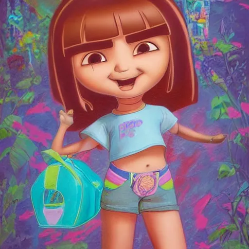 Image similar to dora the explorer as real girl in happy pose, detailed, intricate complex background, Pop Surrealism lowbrow art style, muted pastel colors, soft lighting, 50's looks by Yosuke Ueno,Contemporary Art Blog Magazine Gallery Alt Pop Surrealism Lowbrow Photography Sculpture Illustration Painting Surreal Graffiti Fashion Film Dark, artstation cgsociety