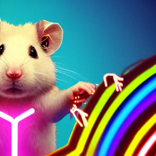 Image similar to cyberpunk hamster! holding rainbow! gem! crystal, neon lights, light reflection, 8 k, hd