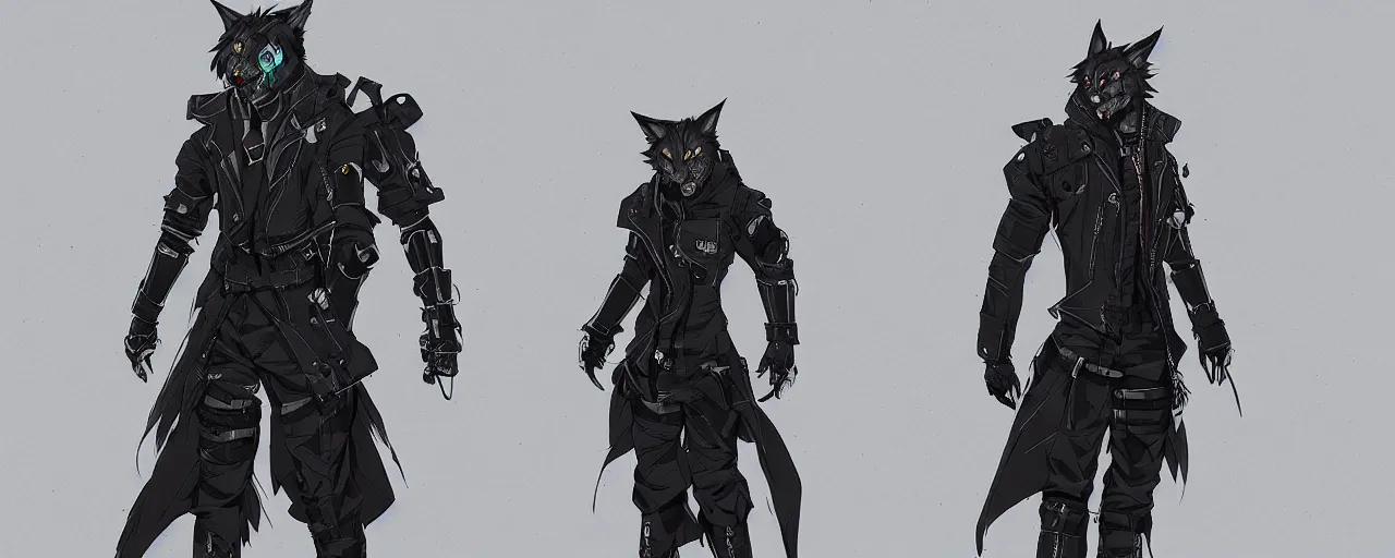 Prompt: a male anime cyberpunk wolf wearing a heavy jacket and heavy black boots, character concept exploration, outfit designs, trending on artstation; clear silhouette, strong design