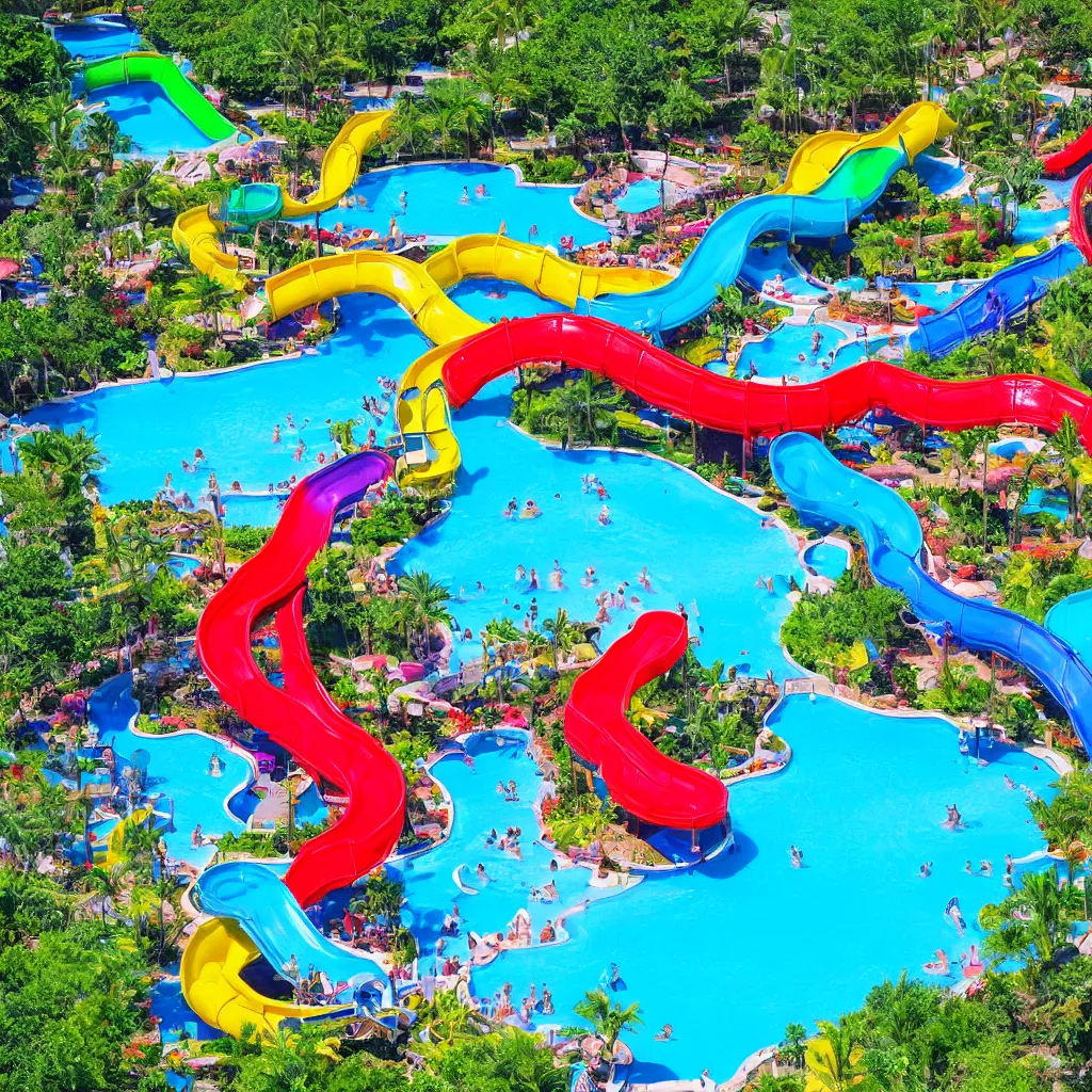 Image similar to colorful water slides with pools of bright blue water, lazy river, birds eye view