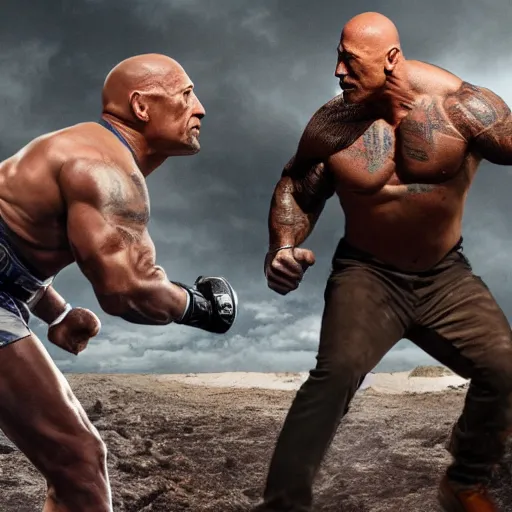 Prompt: Photograph of Elon Musk fighting Dwayne Johnson. Extremely detailed. 4K.