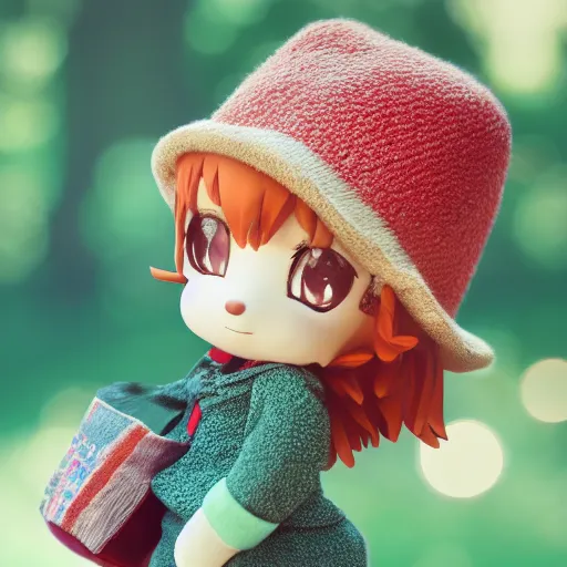 Prompt: cute fumo plush of a cute girl with a green cap, bokeh, vray