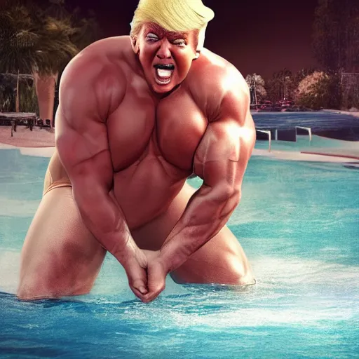 Prompt: extremely buff Donald Trump, steroids, testosterone, lifting weights, laughing, surrounded by women in swimsuits, trending on artstation, hyper realistic, golden hour