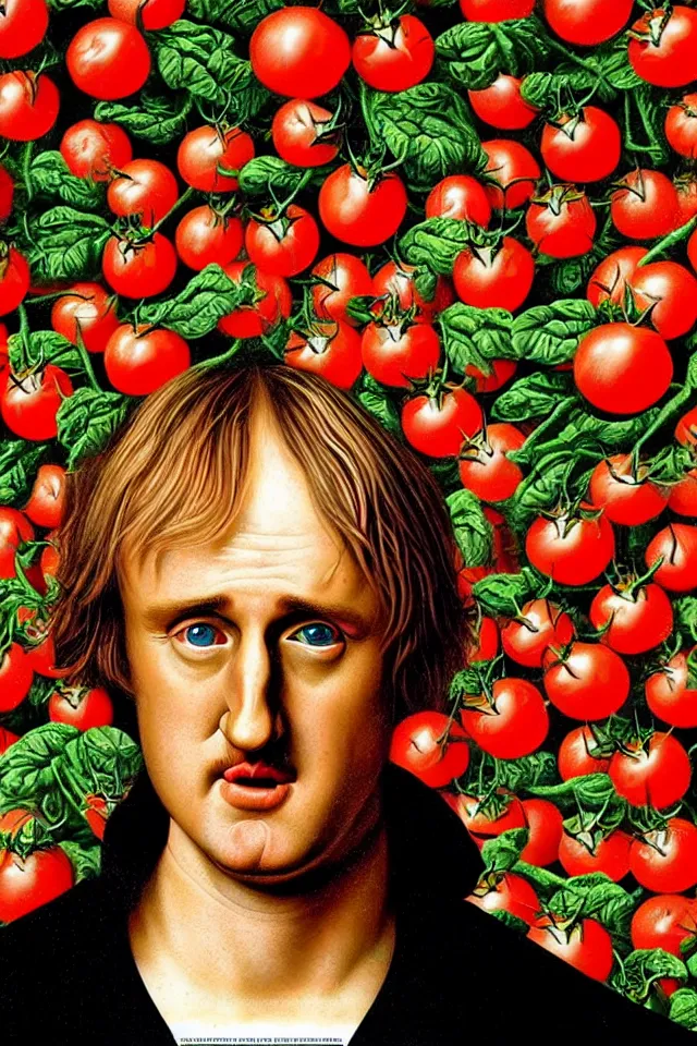 Image similar to bizarre renaissance portrait of owen wilson in a sea of thousands of highly detailed tomatos, dramatic cinematic lighting, 8 k, beautiful intricate pop - art painting