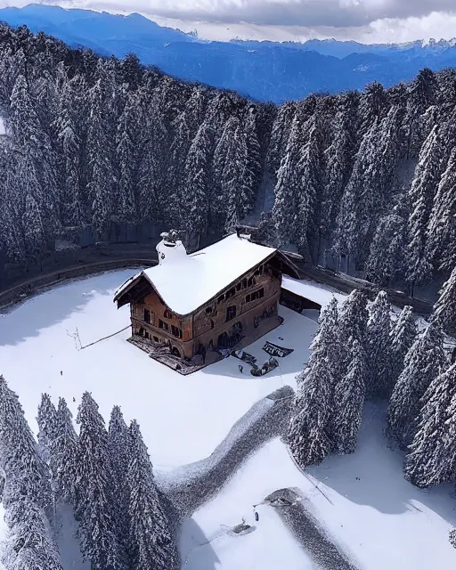 Image similar to hidden mansion in the alps with snow covered roof that was recently set on fire, zoomed out, shot from drone, iphone capture