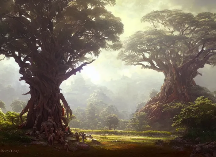 Image similar to The sacred Mana Tree, a fantasy digital painting by Greg Rutkowski and James Gurney, trending on Artstation, highly detailed