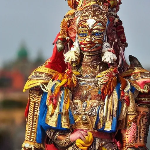 Image similar to a woman wearing an armor and head - dress. the armor and head - dress is made out of the colors, textures and sculptures of the meenakshi temple in madurai. intricate. detailed.