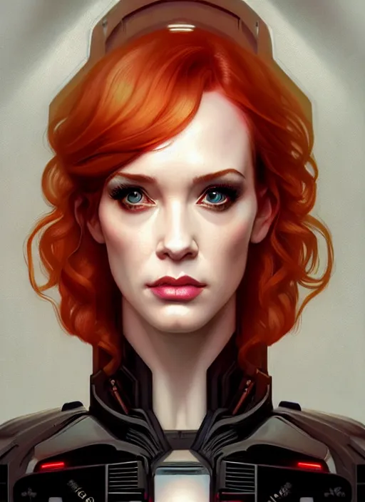 Prompt: symmetrical!! upper body!! bladerunner cyberpunk portrait of christina hendricks, beautiful face, highly detailed face!!!, extremely detailed!, digital painting, unreal engine 5, art by artgerm and greg rutkowski and alphonse mucha