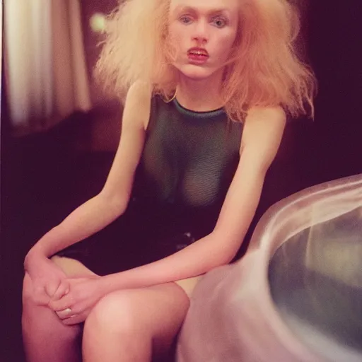 Image similar to realistic photoshoot for a new balenciaga lookbook, color film photography, portrait of a beautiful blonde woman, in style of nan goldin, 35mm