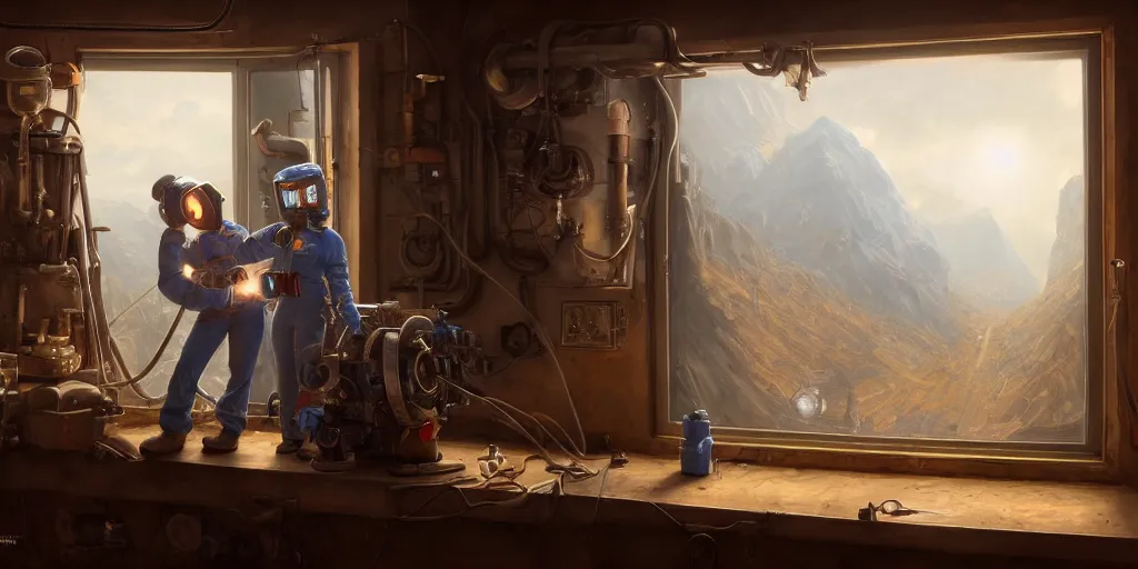 Image similar to highly detailed portrait painting of welder and angelina joile, room mono window, by eddie mendoza and tyler edlin, 8 k resolution