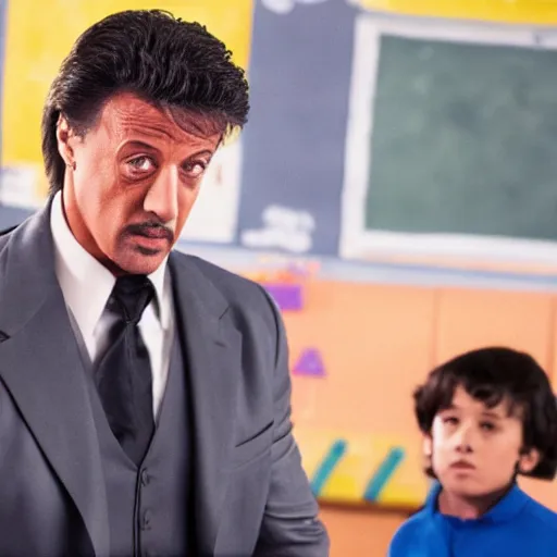 Image similar to silvester stallone in kindergartden cop, 4 k hd film still