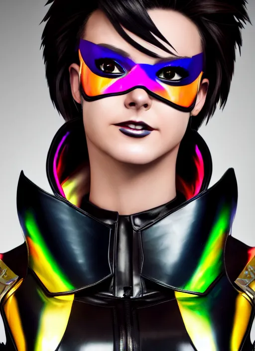 Image similar to hyperrealistic style portrait of tracer overwatch, confident pose, wearing black iridescent rainbow latex, 4 k, expressive happy smug expression, makeup, in style of mark arian, wearing detailed black leather collar, wearing sleek armor, black leather harness, expressive detailed face and eyes,