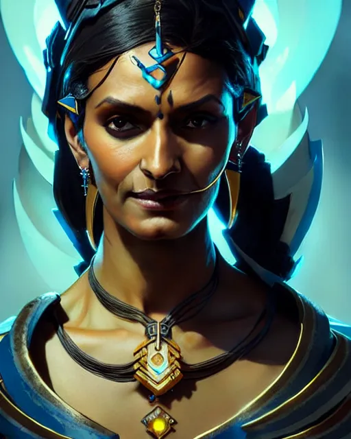 Image similar to symmetra from overwatch, character portrait, close up, concept art, intricate details, highly detailed by greg rutkowski, michael whelan and gustave dore