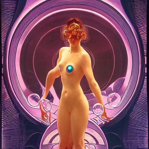 Prompt: a beautiful female machine droid in ocean waves of glossy liquid stardust flowing like psychedelic soap bubble, lsd waves, lsd ripples, backlit, dramatic, refracted lighting, masterpiec volumetric lighting, 8 k octane, beautifully detailed render, post - processing, extremely detailed, intricate, epic composition, cinematic lighting, scifi art nouveau by collier. alphonse mucha