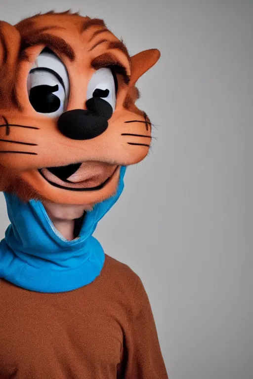 Prompt: portrait of Jacksfilms dressed in Garfield costume, starring in live-action adaptation of the comics, cosplay portrait photograph,