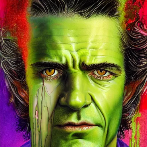 Image similar to a Demon Slayer portrait of Mel Gibson, tall, pale-skinned, slender with lime green eyes and long eyelashes by Stanley Artgerm, Tom Bagshaw, Arthur Adams, Carne Griffiths, trending on Deviant Art, street art, face enhance, chillwave, maximalist, full of color, glittering