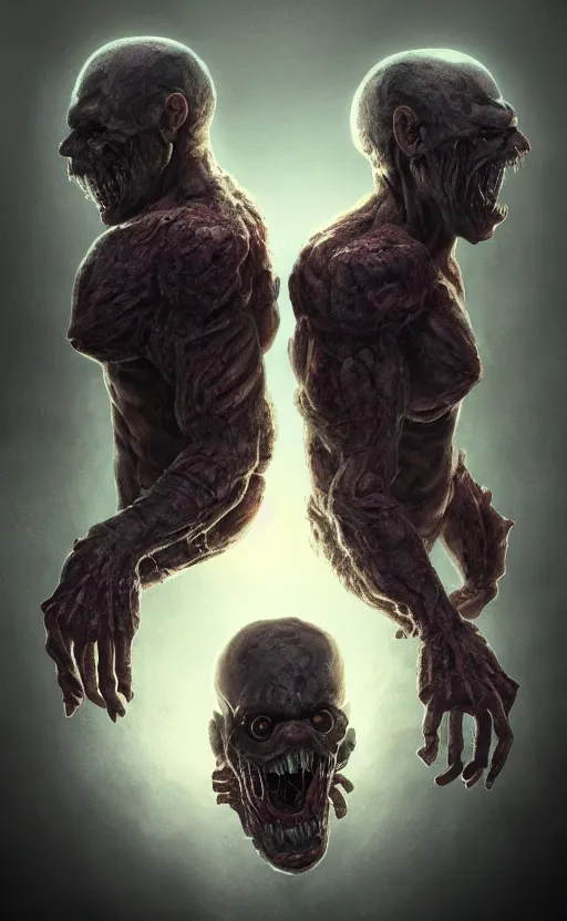 Image similar to full body portrait of of a two headed monster smiley creepily, dynamic lighting, photorealistic, fantasy concept art, ambient lighting, atmospherical, stunning visuals, creative, cinematic, ultra detailed, trending on art station